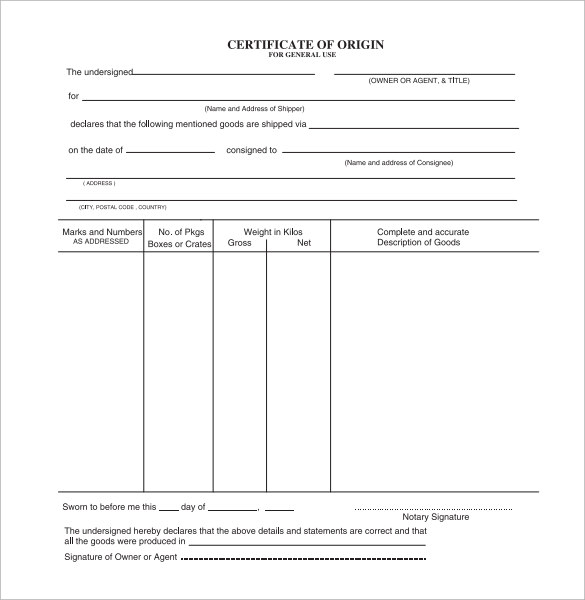 certificate of origin form template