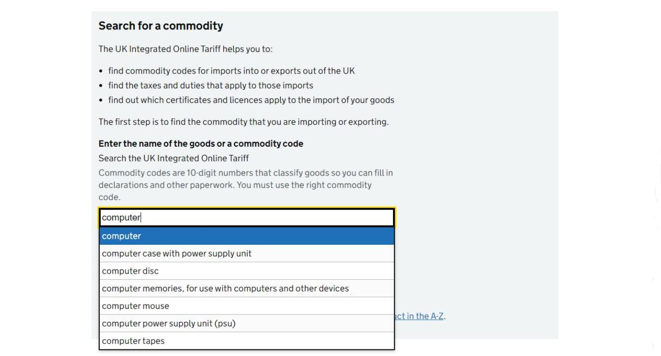 Using the UK Integrated Online Tariff tool for HTS codes