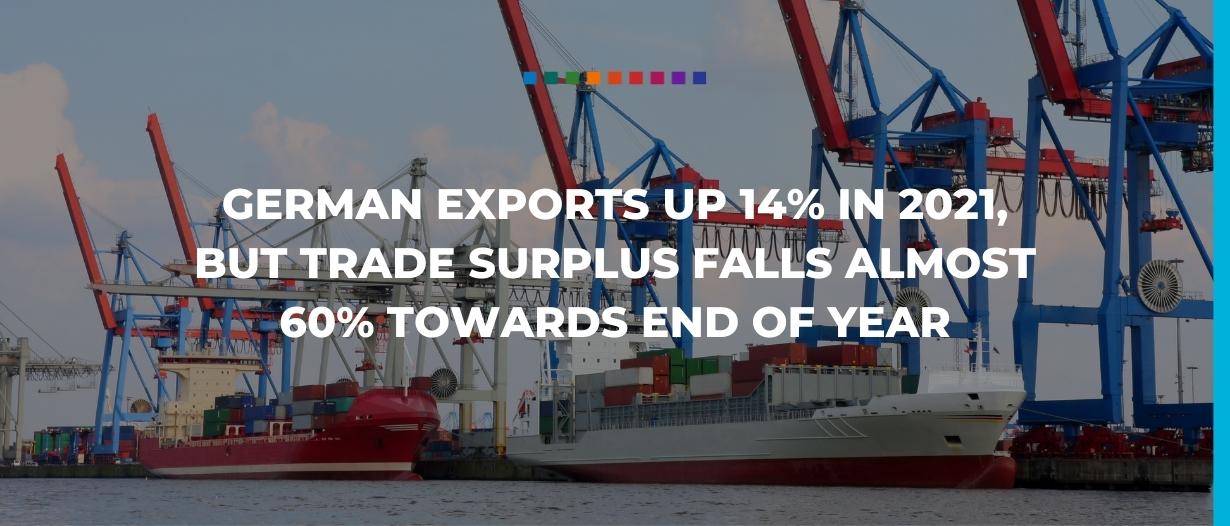 German exports up 14% in 2021, but trade surplus falls almost 60% towards end of year